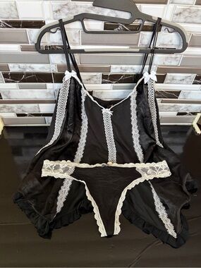 Victoria's Secret Black Satin Chemise with White Lace Trim & Matching Thong